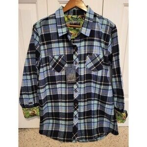 NWT Pladra Flannel Shirt Blue Plaid Long Sleeve Fox Flip Cuffs Women's XL